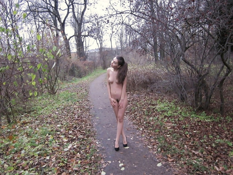 Кристина стоит голышом в осеннем парке 6 фотография
