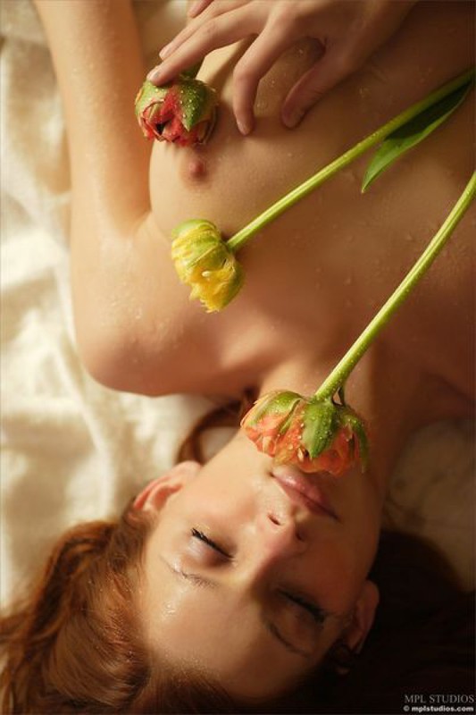 Три цветка лежат на обнаженной красавице 7 фотография