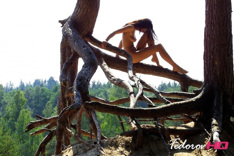 Сексуальная Ева залезла на корни дерева 16 фотография