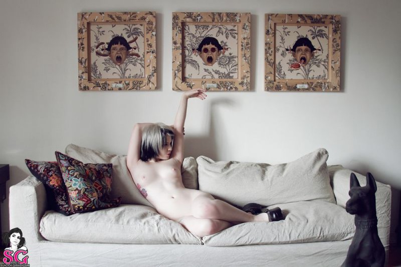 Татуированная грешница хвастается нагим телом в просторной комнате 11 фотография